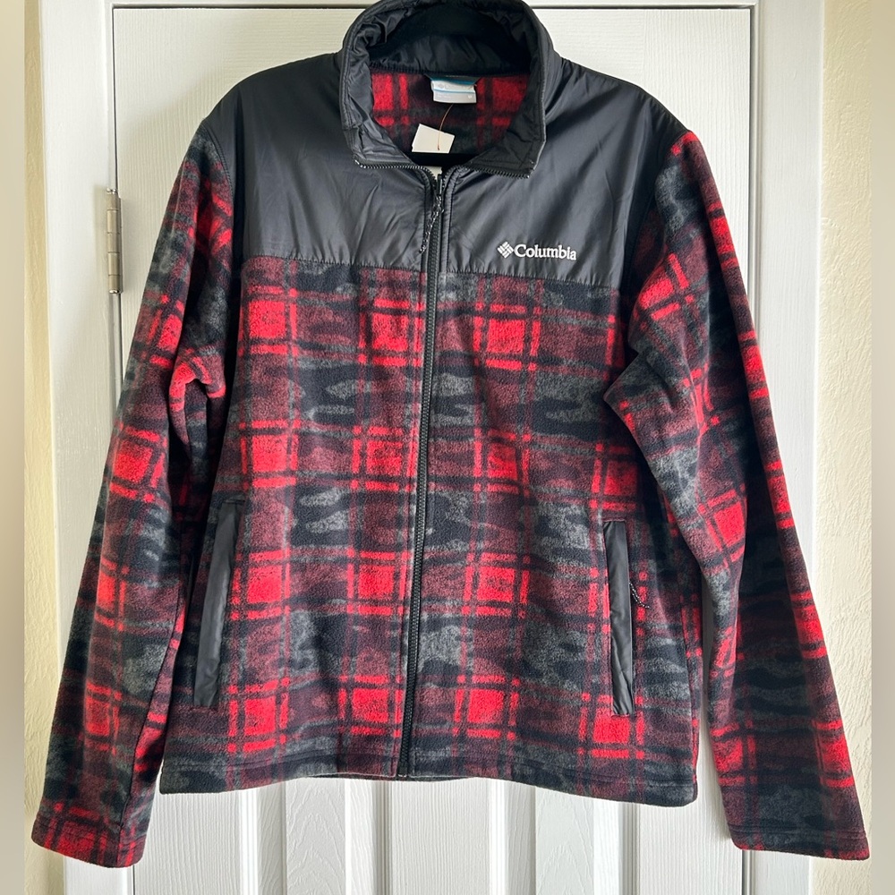 Columbia Fleece Red Black Buffalo Checkered Jacket Sz M